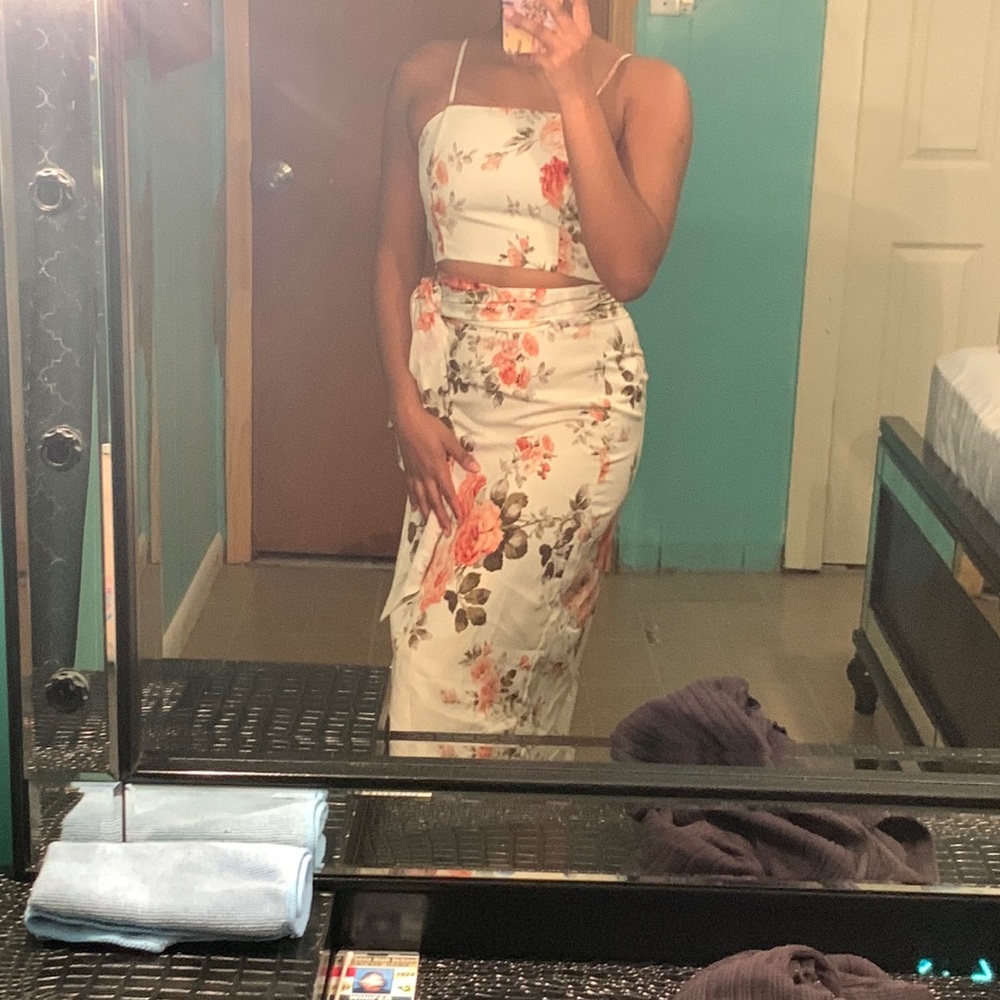 Floral Cami Top and Self Belted Split Thigh Skirt Set
